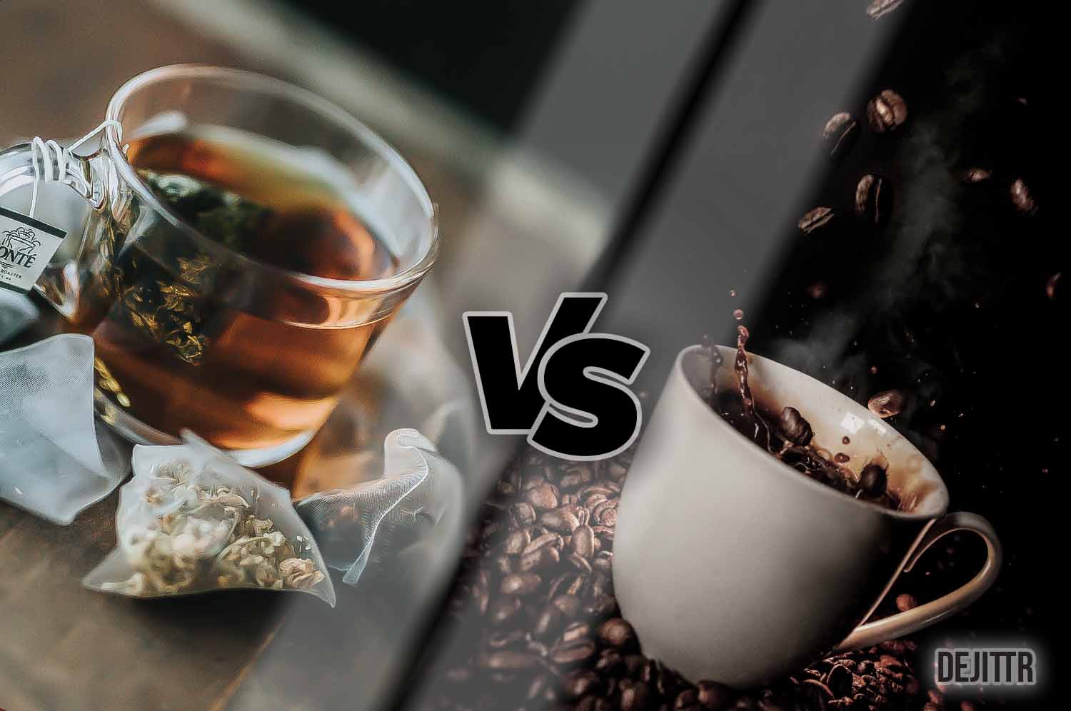 falling coffee beans in a cup of coffee with next to a cup of tea surrounded by tea bag with a VS between them