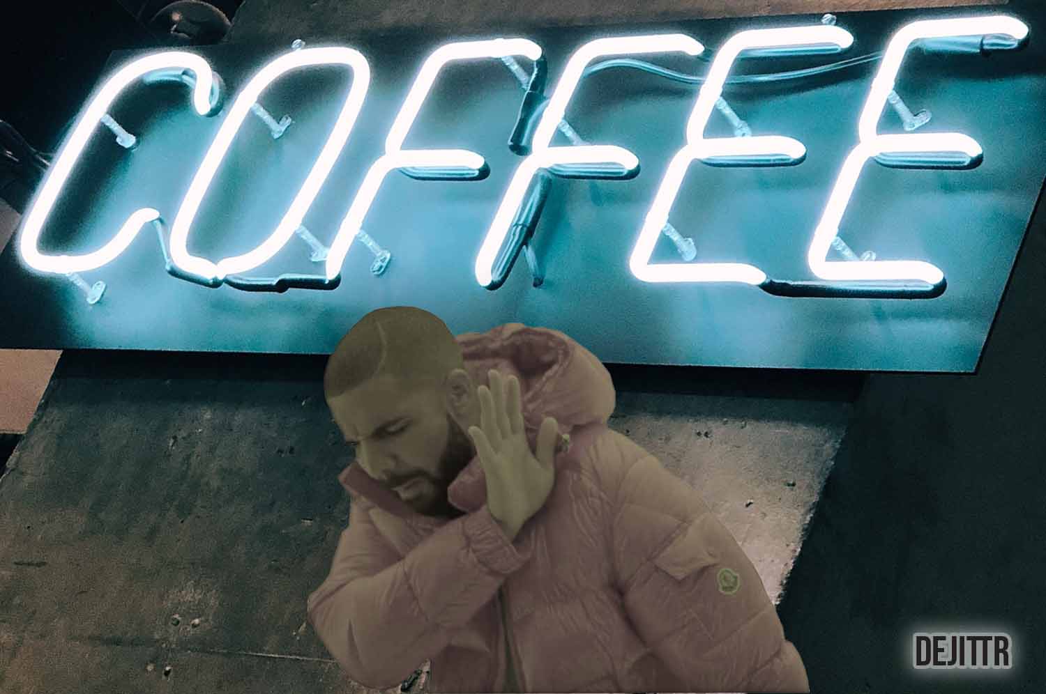 meme of drake looking away from coffee sign in disgust