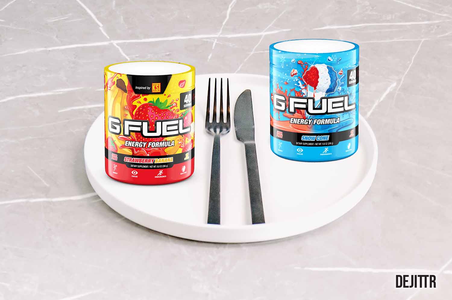 two tubs of g fuel on a plate with a knife and fork