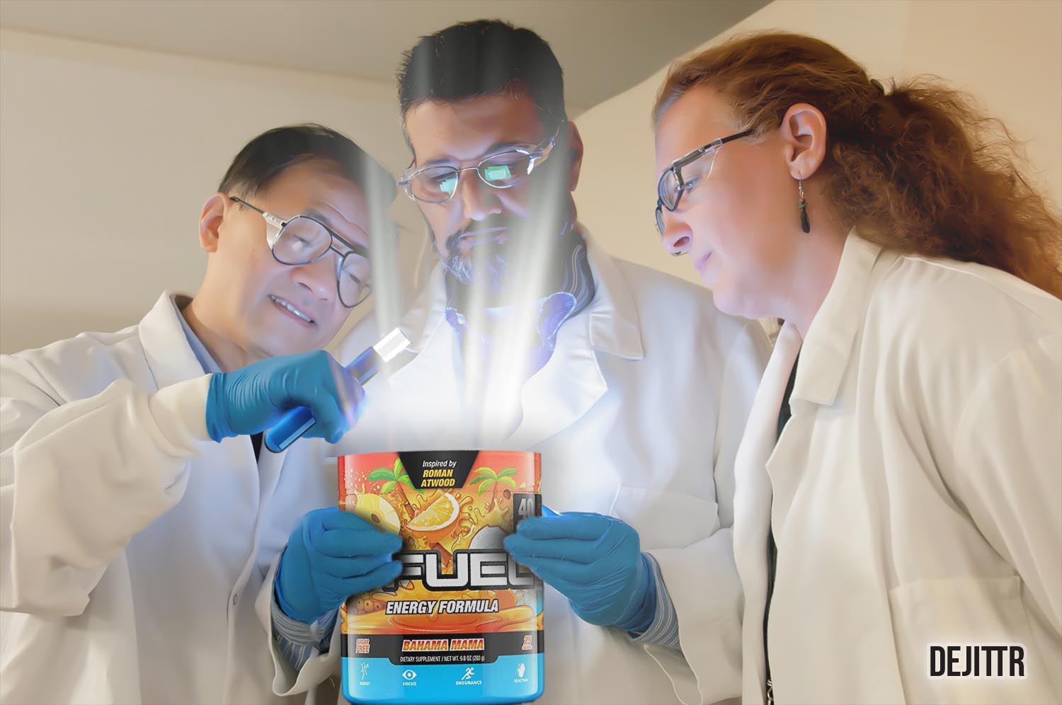 3 people looking into glowing tub of g fuel one of them pouring a vial full of blue liquid into tub