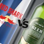 Can of mock energy drink Red shark similar looking to red bull beside mock beer with vs between them