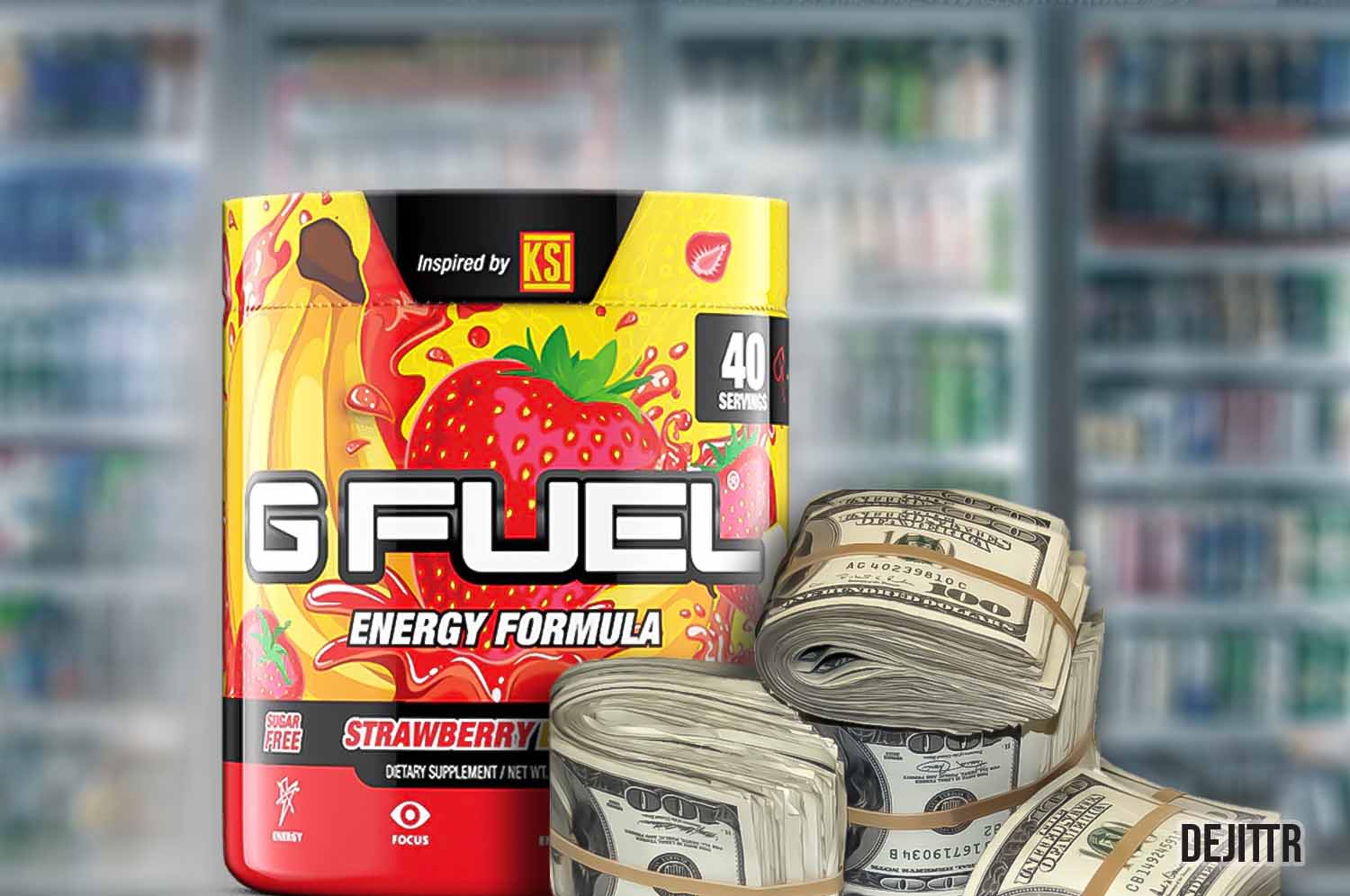 Tub Of G Fuel Energy Formula Strawberry Banana Flavor Behind Four Stacks Of Folded Hundred Dollar Bills Held By Rubber Bands
