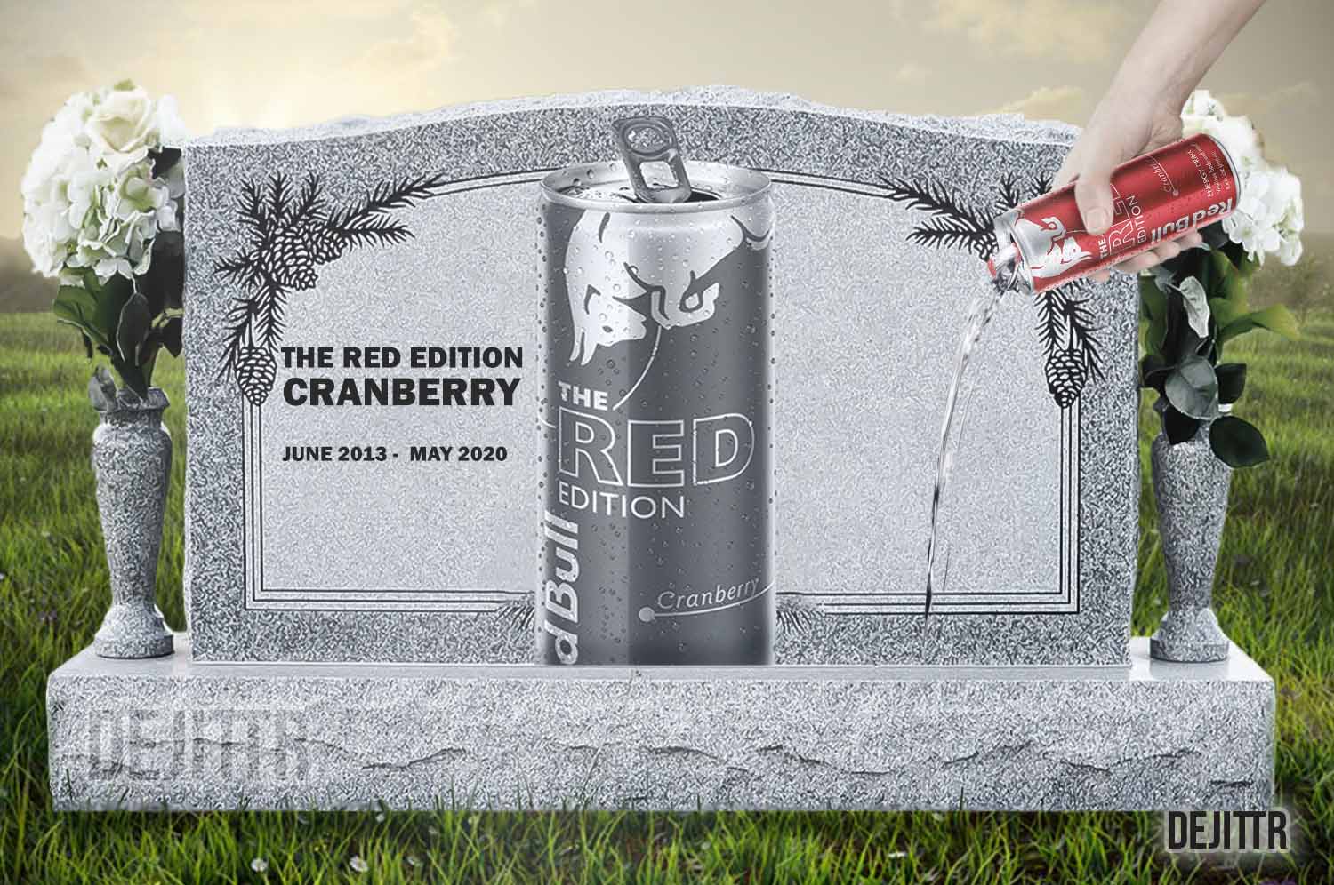 Image of a can of cranberry Red Bull on tombstone
