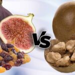 Picture of figs and raisins vs monk fruit on a blue and white background
