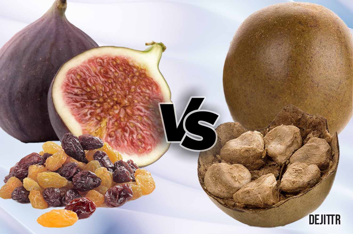 Picture of figs and raisins vs monk fruit on a blue and white background
