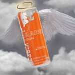 Red Bull Orange Tangerine with angel wings and halo flying in clouds