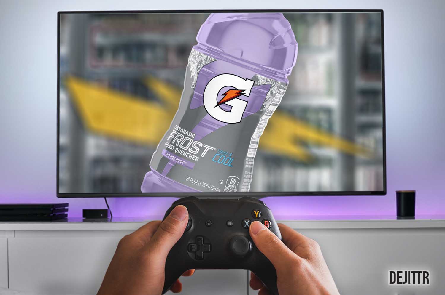 Gamer using remote playing in front of television with image of Gatorade Frost Riptide Rush Purple Flavor