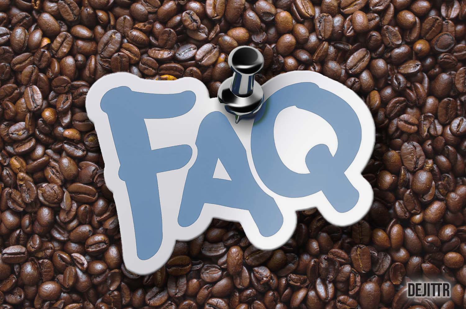 Thumb tack pinning FAQ sign on top of coffee beans background
