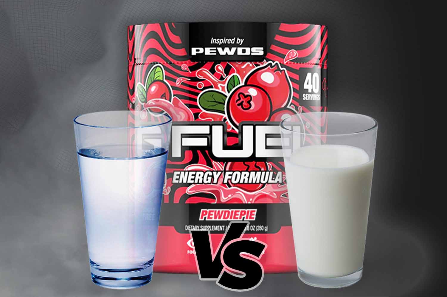 Tub of pewdiepie g fuel in the center with a glass of milk on the right and a glass of water on the left