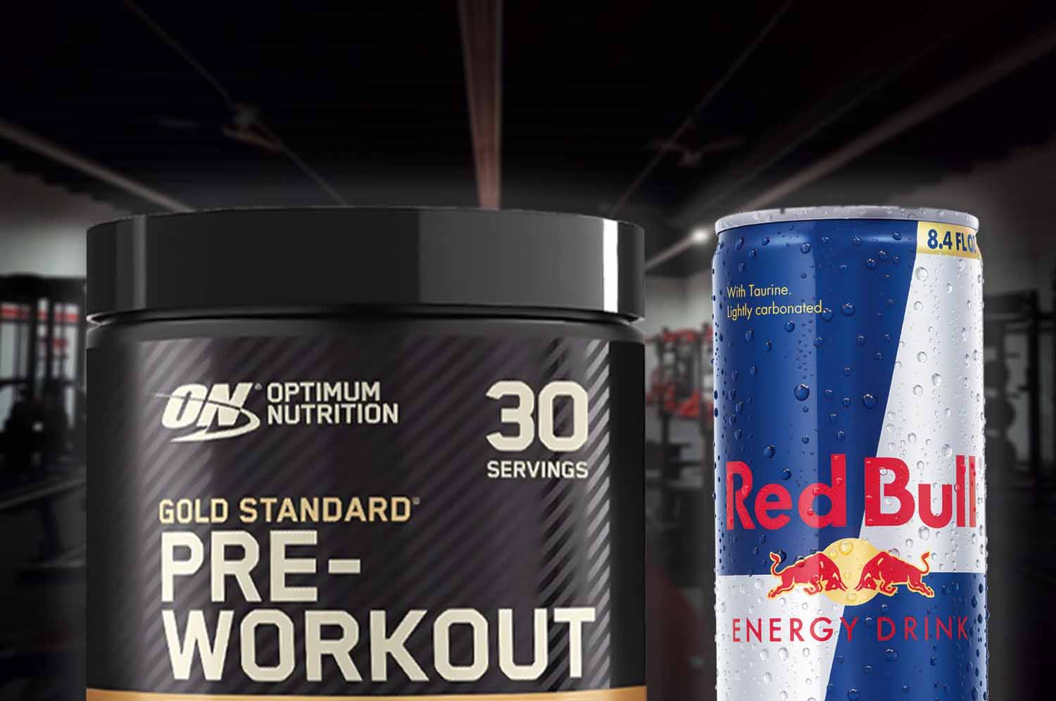 Tub of optimum nutrition pre-workout on the left with can of red bull on the right with a blurred out gym in background