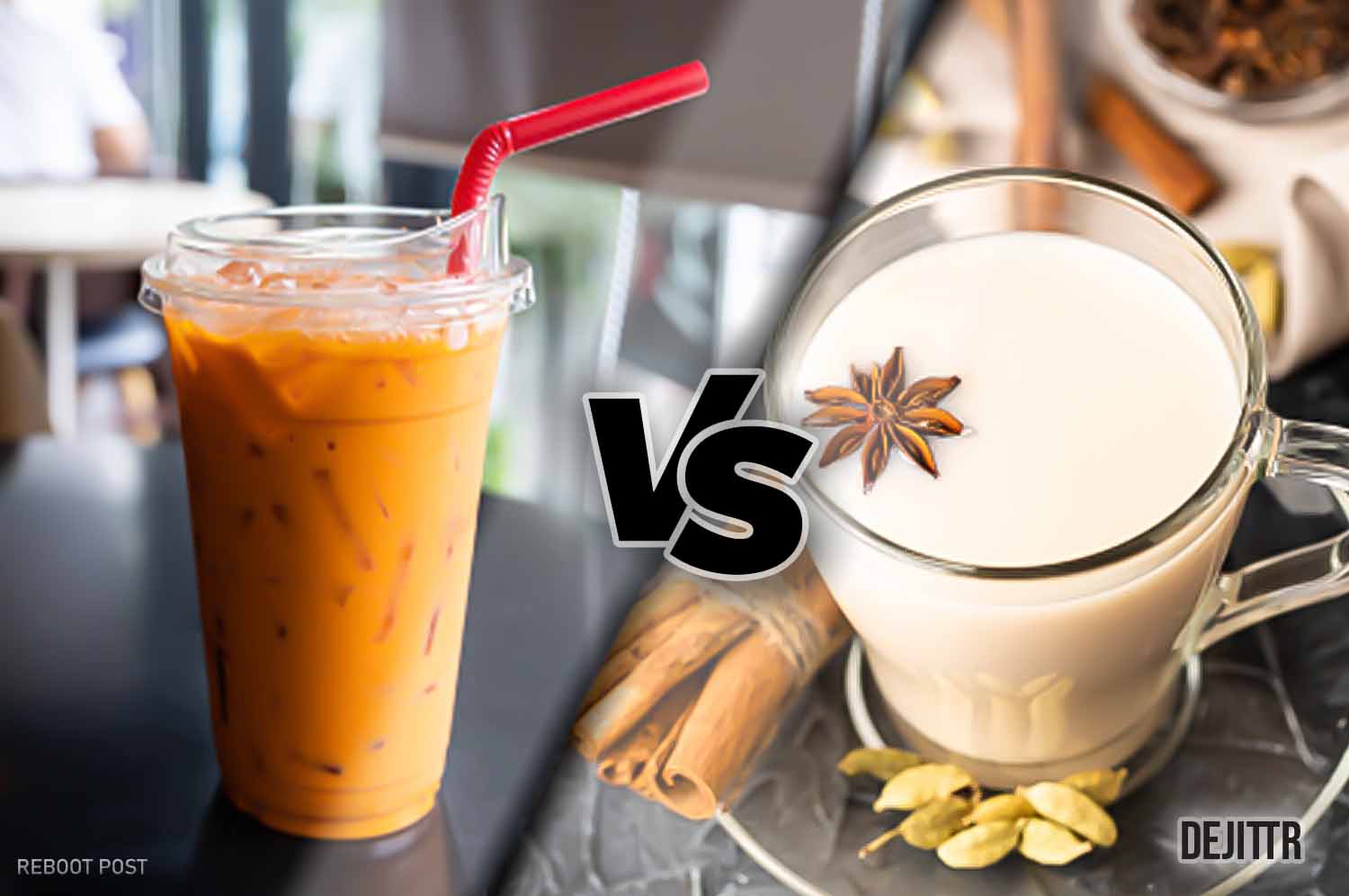 Plastic cup filled with thai tea with red straw in it beside a hot glass cup of Chai Tea with a VS logo between them