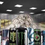 energy drinks in a bank vault with gold bars and a pile of USD dollar bills