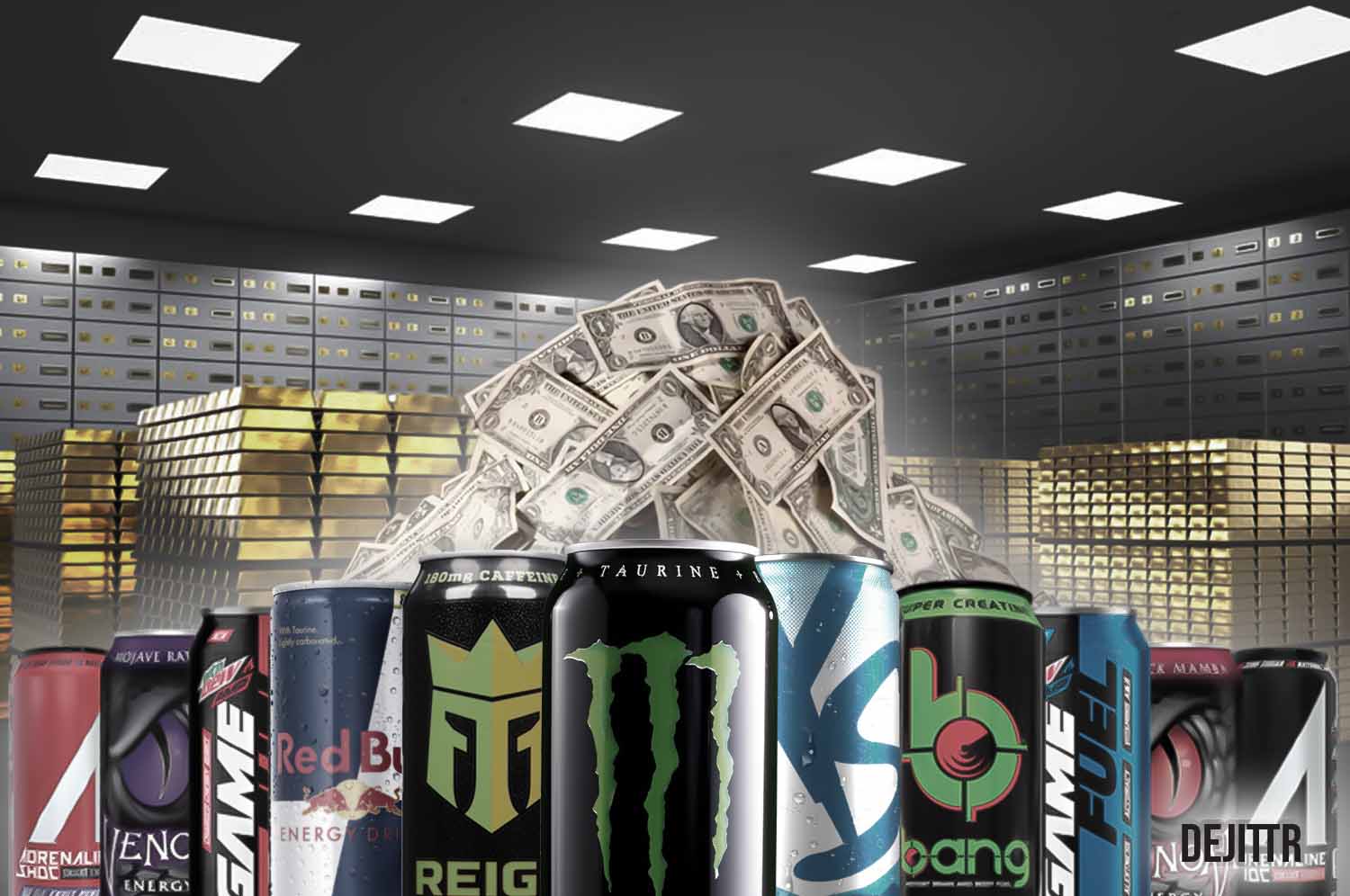 energy drinks in a bank vault with gold bars and a pile of USD dollar bills