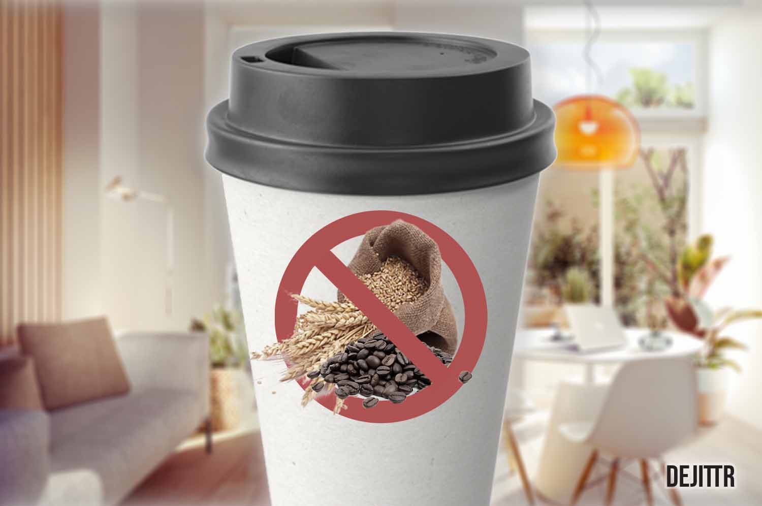 paper cup with dark brown lid with a no coffee and no barley logo on it with a modern living room in background